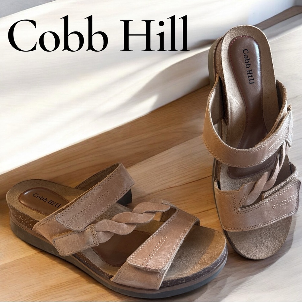 Cobb Hill Women’s Neutral Tan Leather Slide In Hook Loop Closure Comfort Sandals
